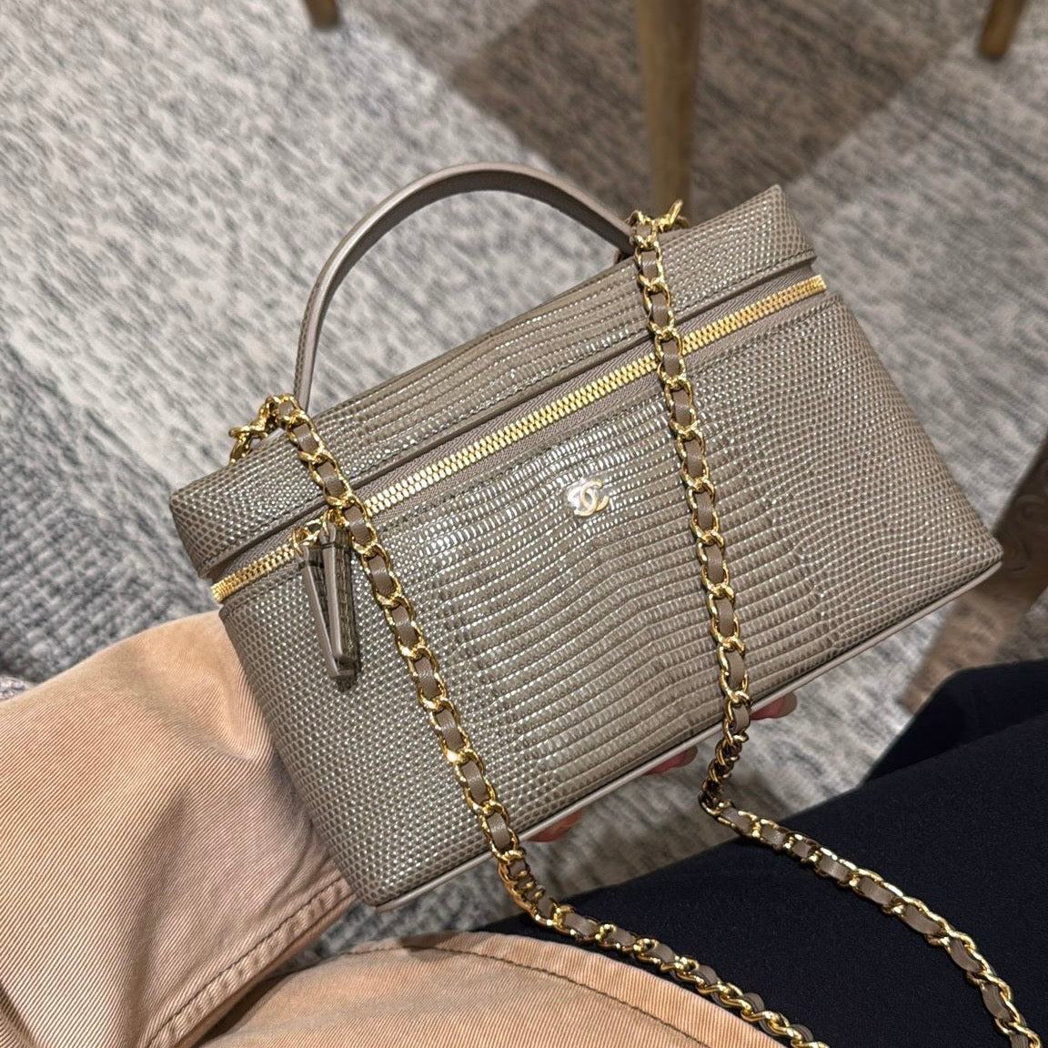 CHANEL LIZARD LONG VANITY BAG BEIGE