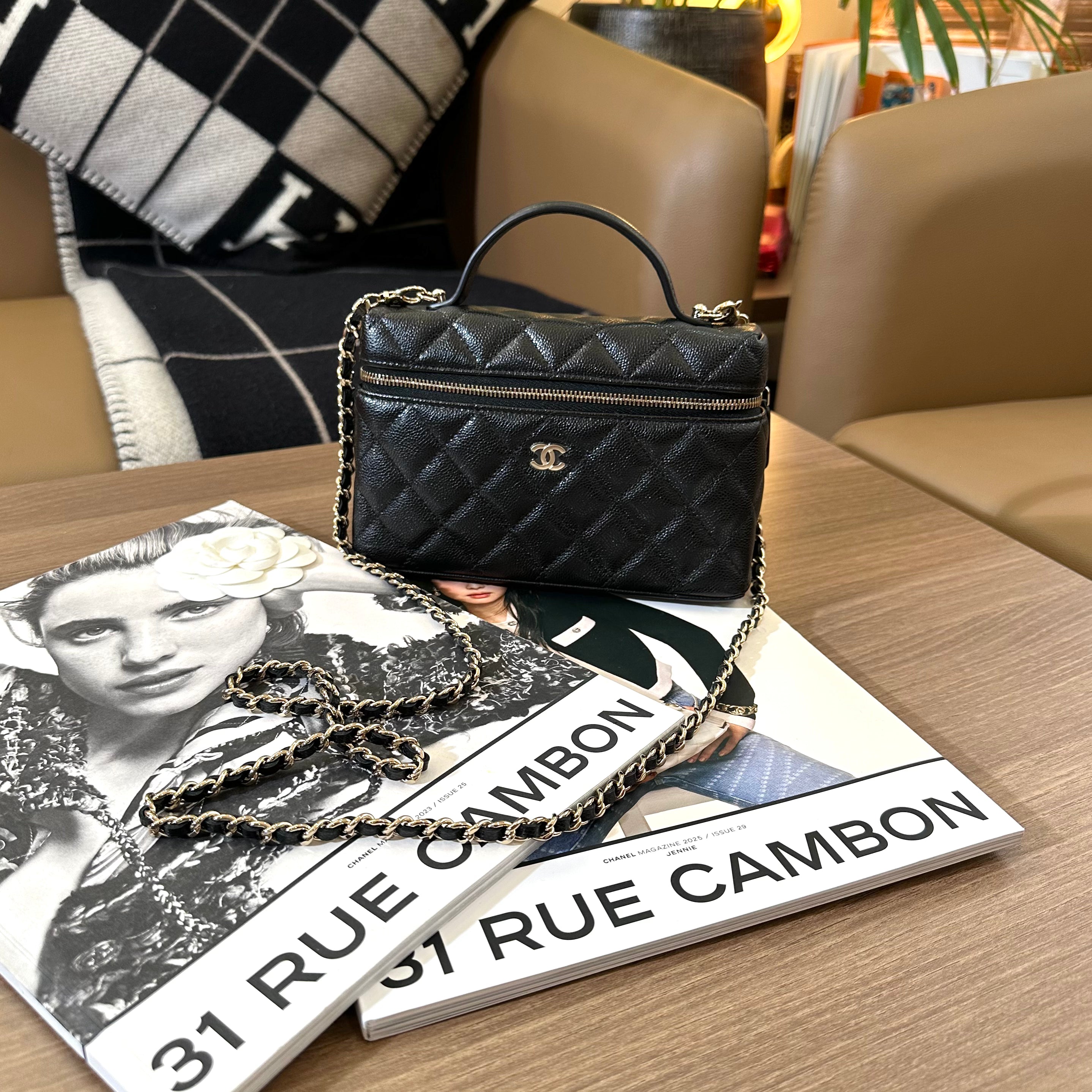 CHANEL TOP HANDLE VANITY BAG BLACK GOLD CHAIN